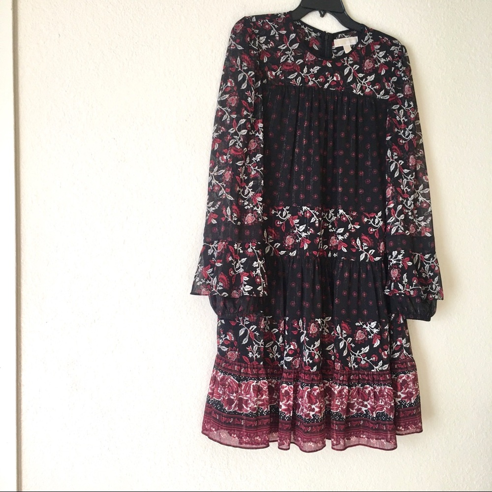 Michael Kors Floral Metallic Thread Peasant Dress